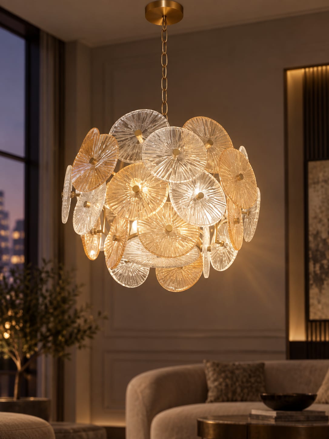 Lustre à disques texturés transparents et ambrés - vue 3