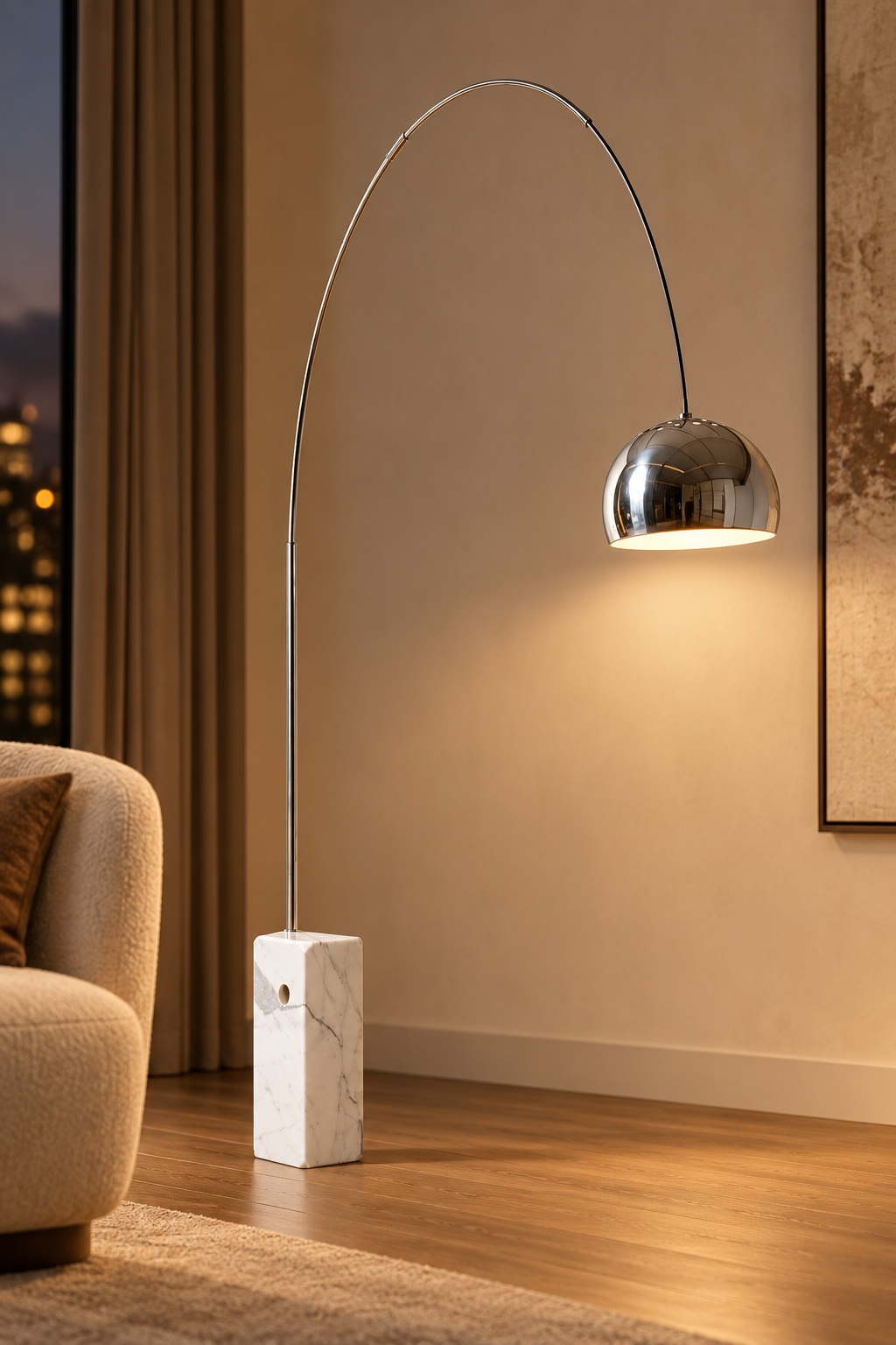 Lampadaire arqué chromé à socle blanc veiné - vue 2