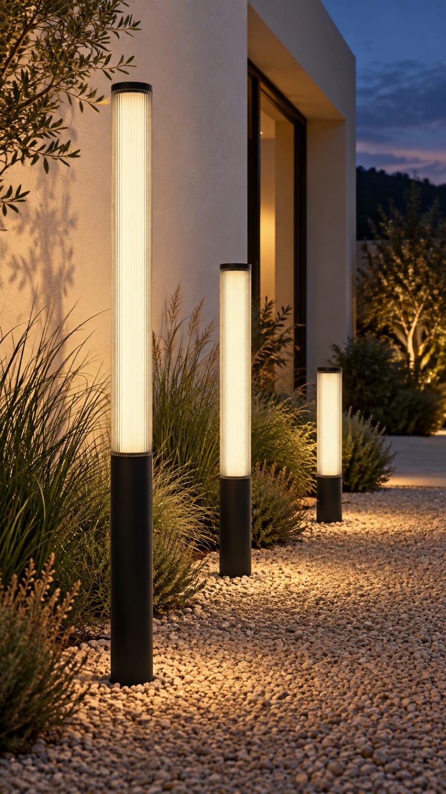 Borne lumineuse cylindrique à diffuseur strié — trois hauteurs - vue 5