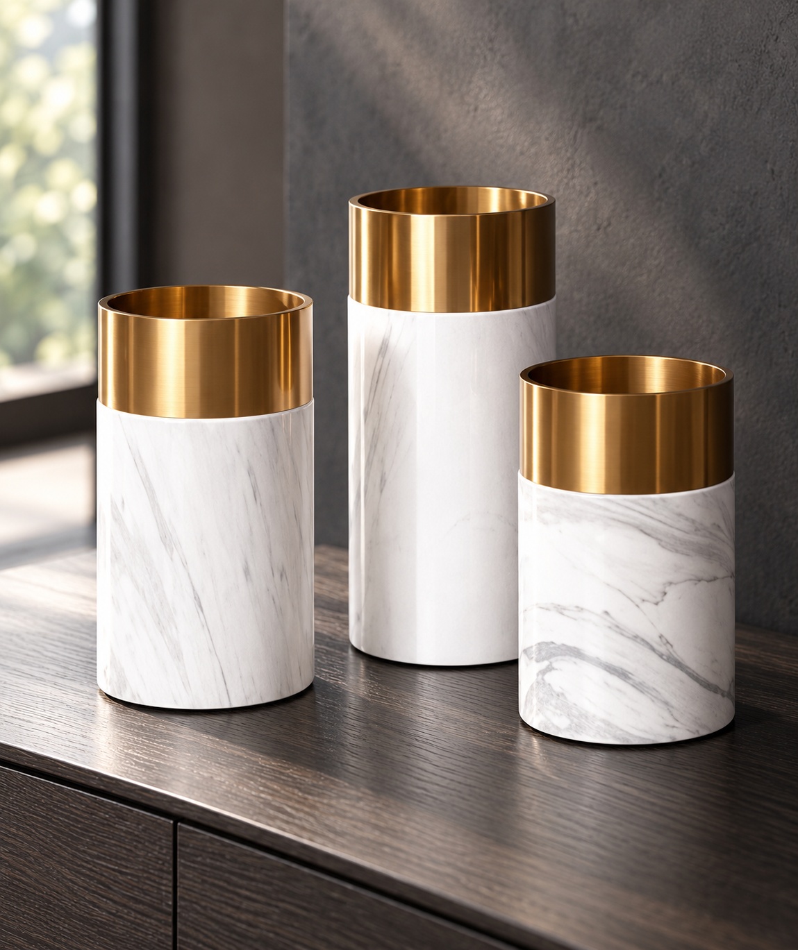 Vases cylindriques effet marbre blanc et doré - vue 3