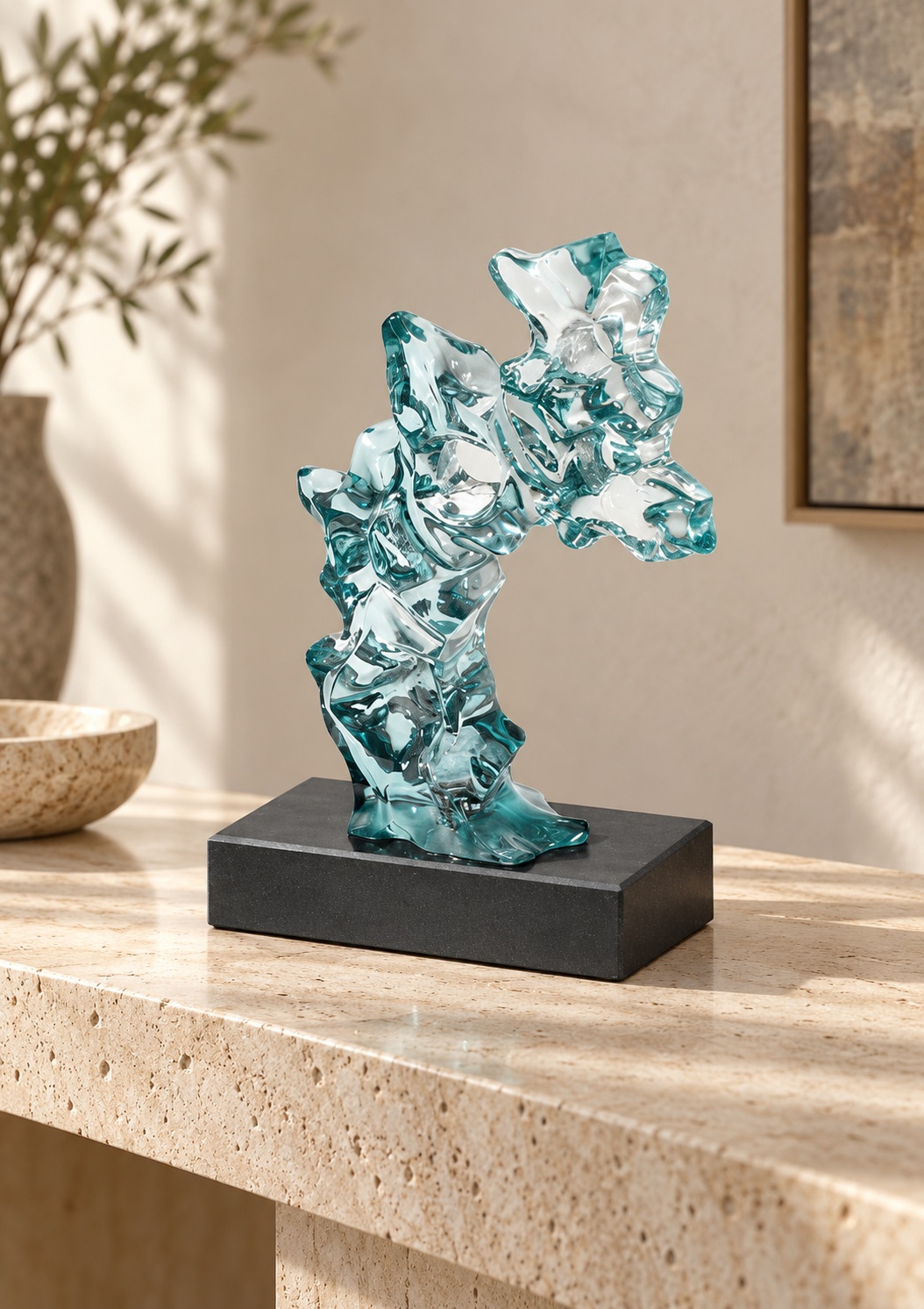 Sculpture abstraite aqua sur socle noir - vue 5