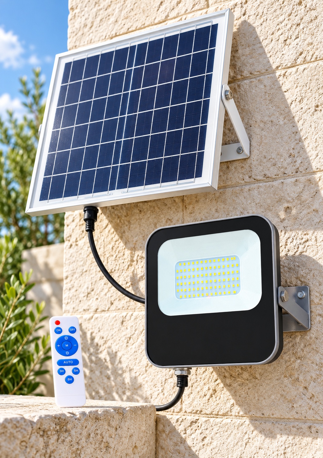 Projecteur LED solaire avec panneau séparé et télécommande - vue 3