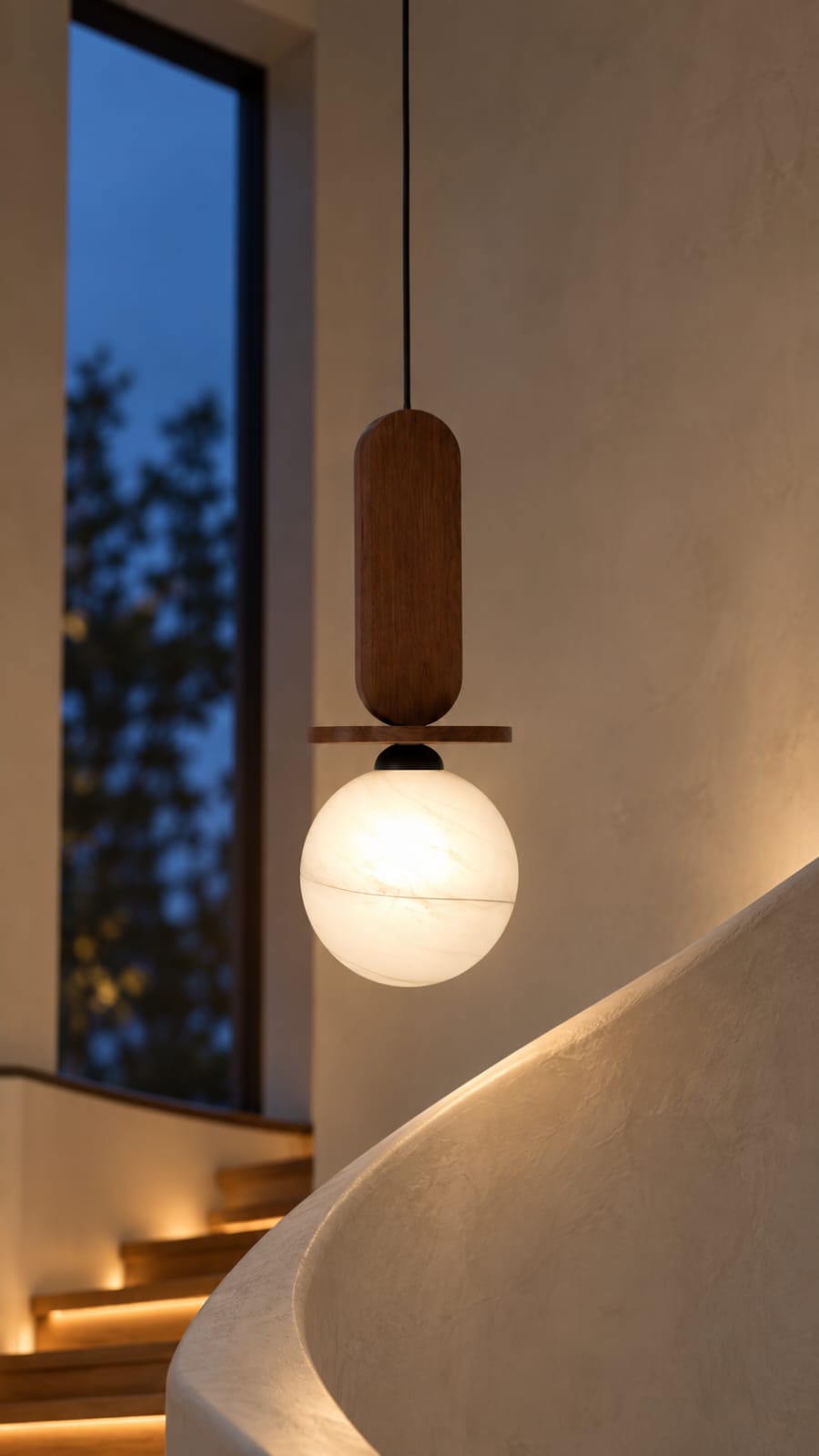 Suspension à globe opalin et élément en bois foncé - vue 5