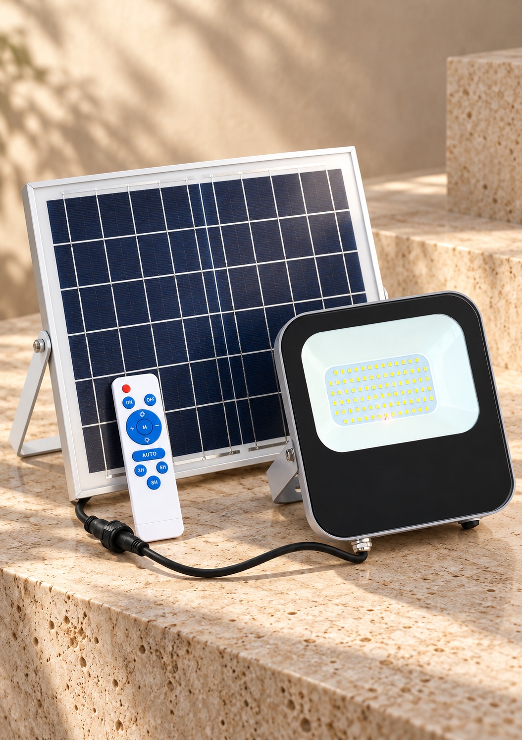 Projecteur LED solaire avec panneau séparé et télécommande - vue 2