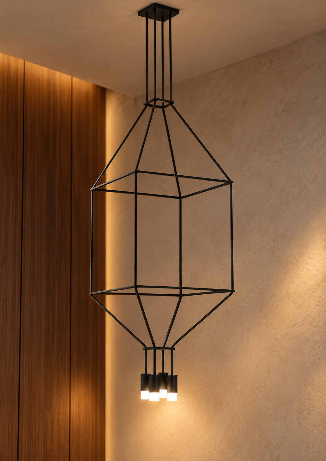 Suspension noire à cage géométrique et quatre lumières - vue 5