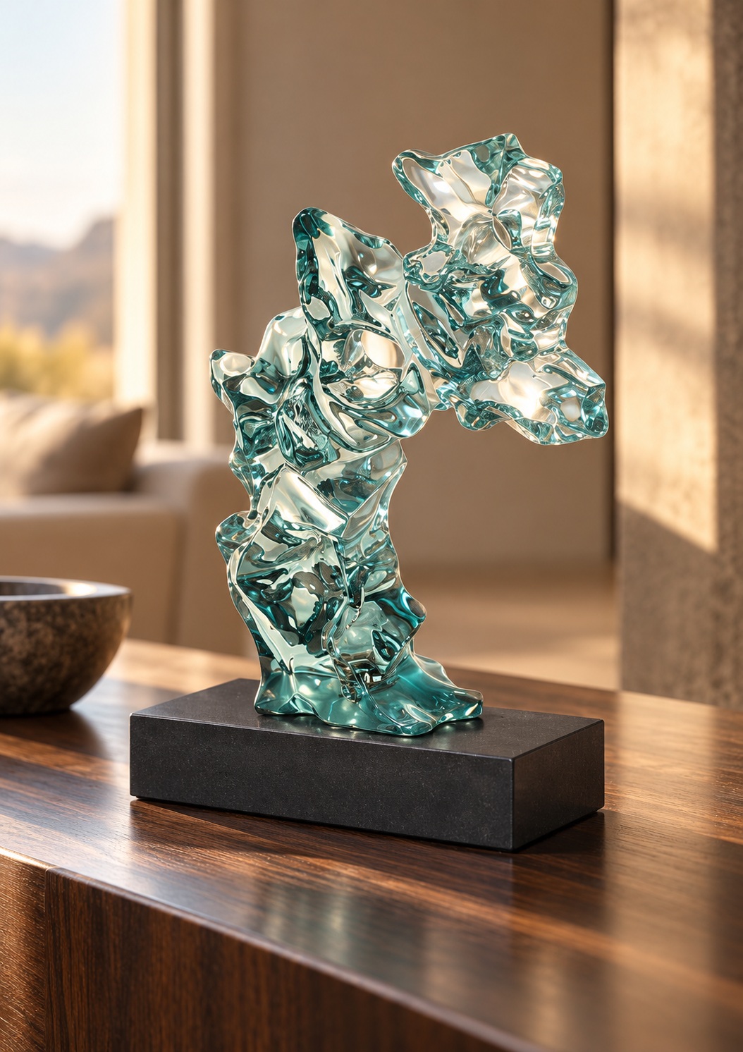 Sculpture abstraite aqua sur socle noir - vue 3