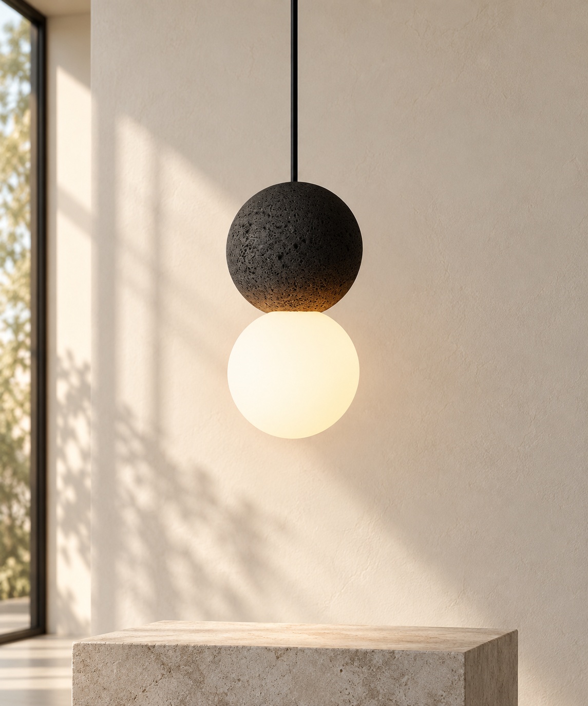Suspension double sphère noire texturée et opaline - vue 5