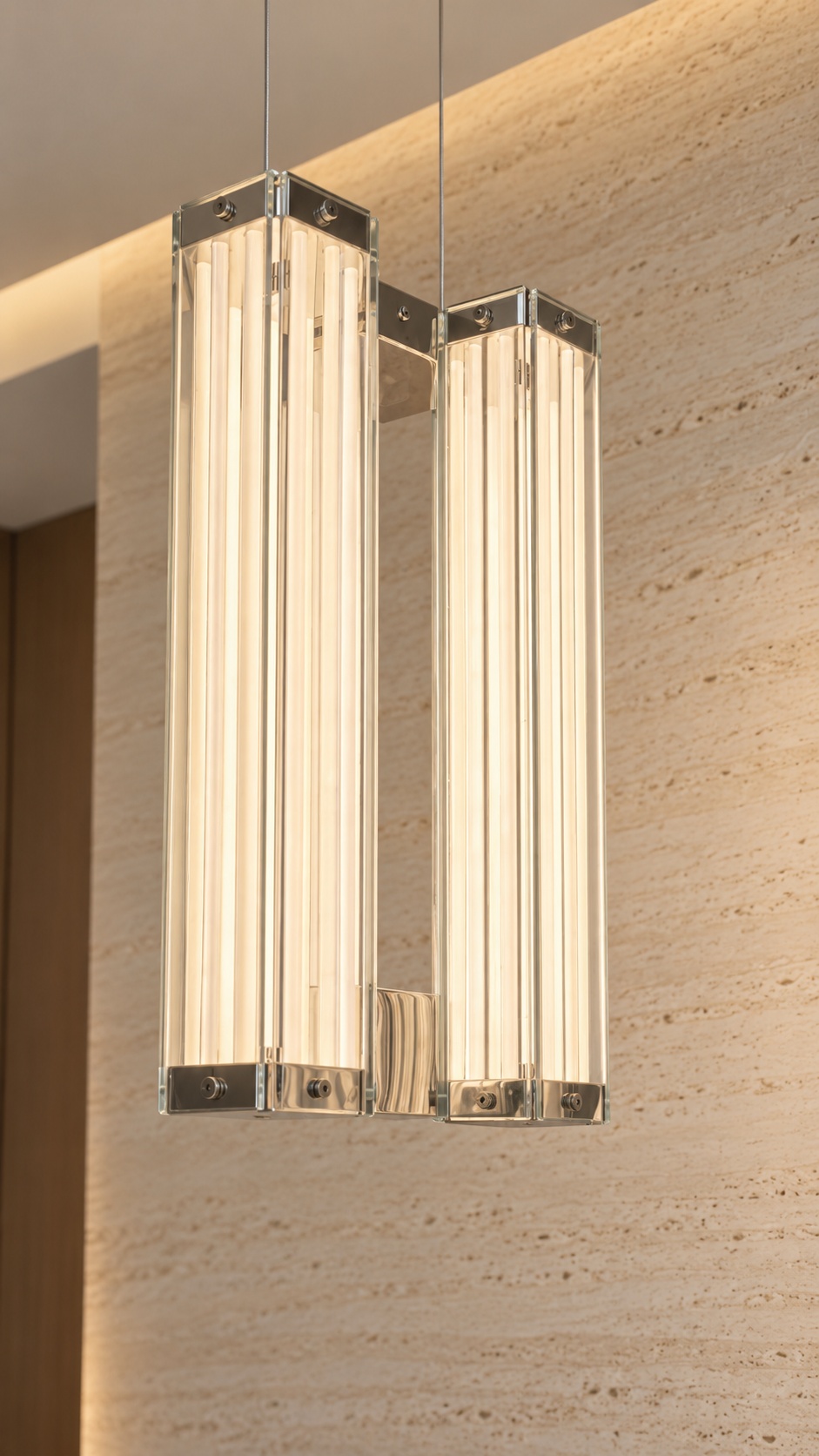 Suspension contemporaine à double colonne lumineuse, finition chromée - vue 3