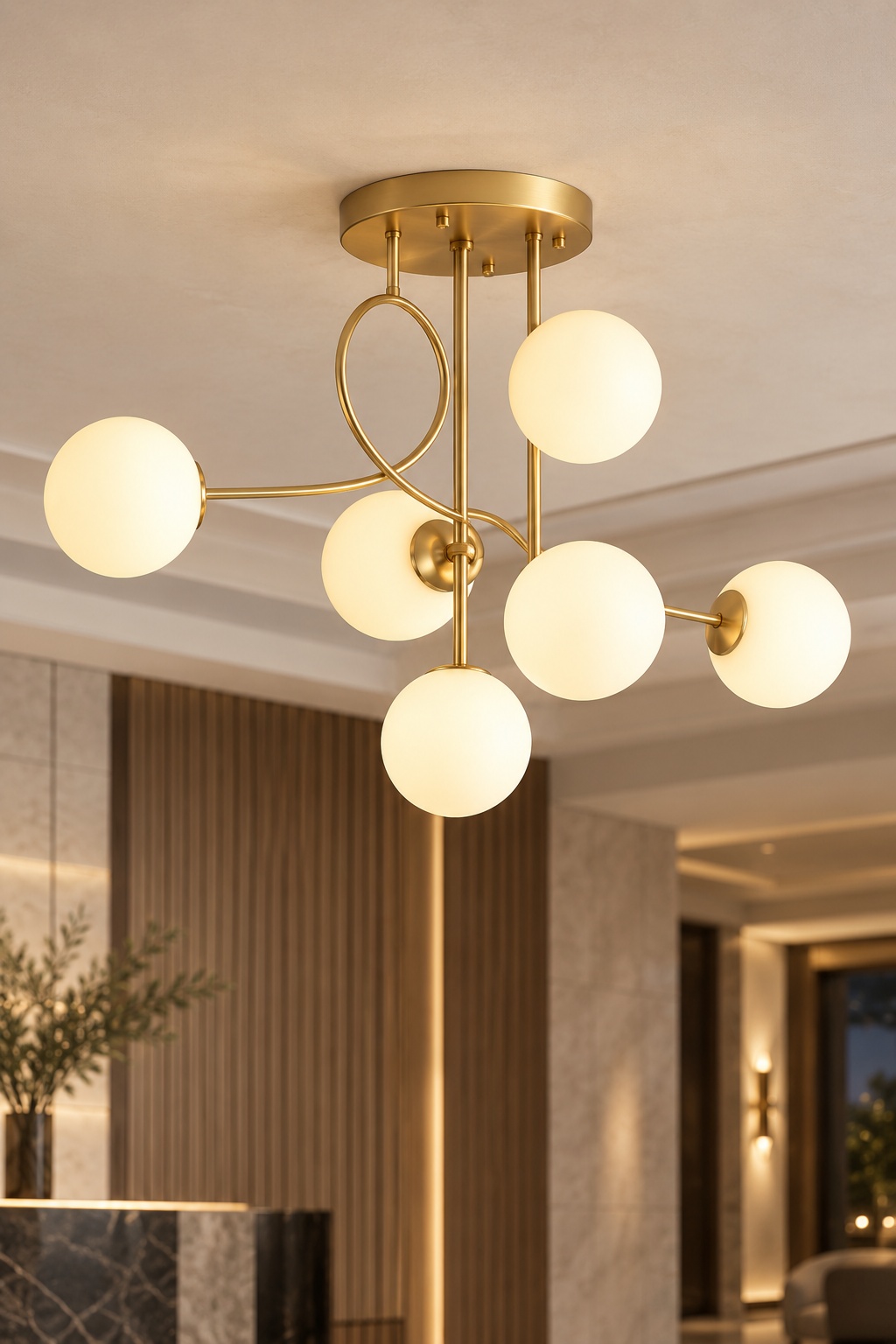 Plafonnier doré à six globes opalins - vue 4