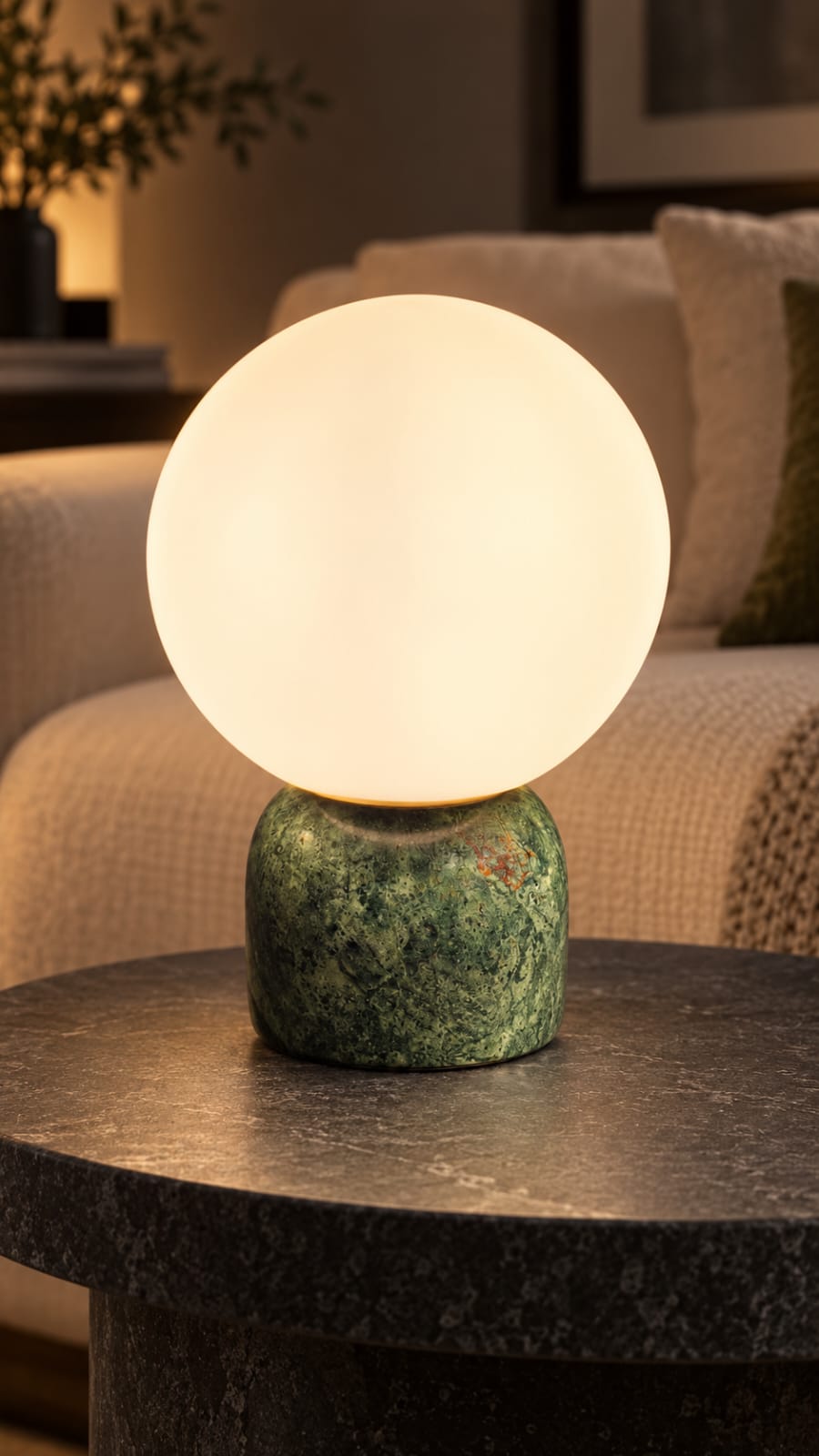 Lampe à poser globe opalin et pied vert marbré - vue 2