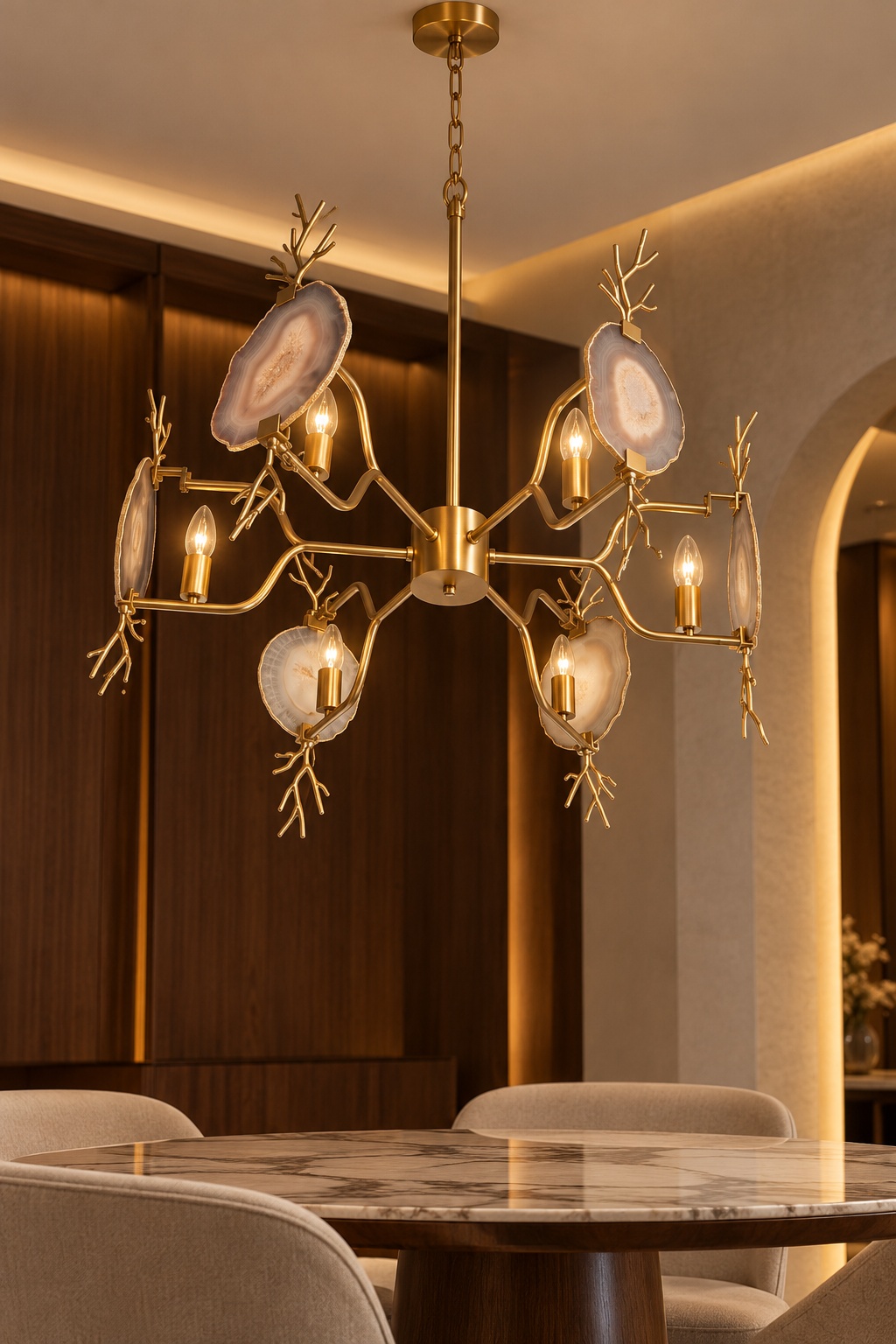 Lustre doré à branches et décors d’aspect minéral - vue 3