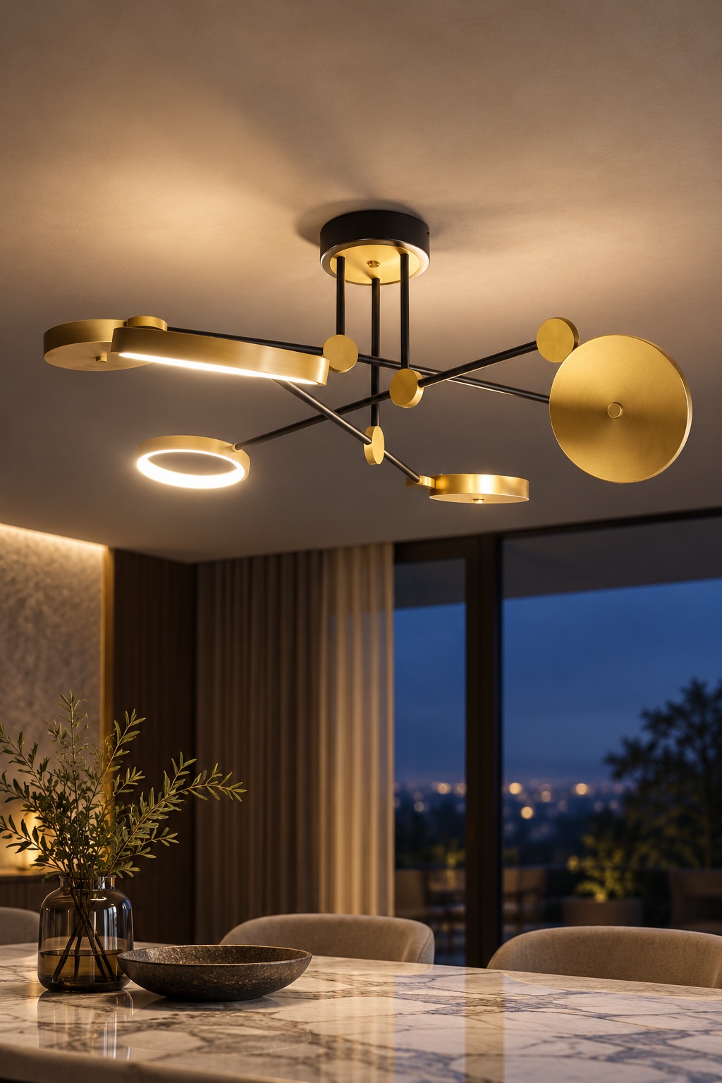 Lustre contemporain à disques noir et doré - vue 2