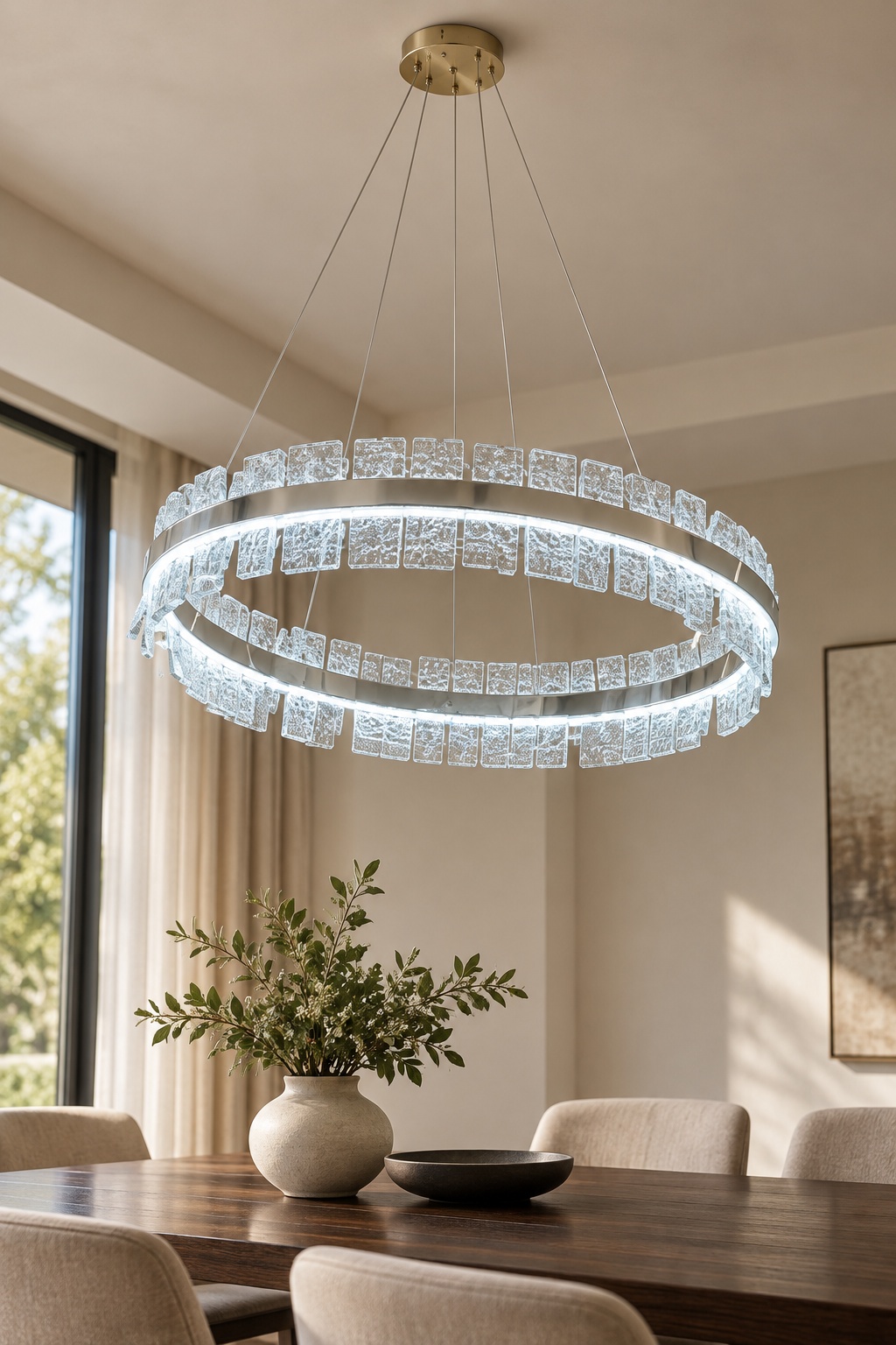Lustre contemporain à double anneau lumineux - vue 3