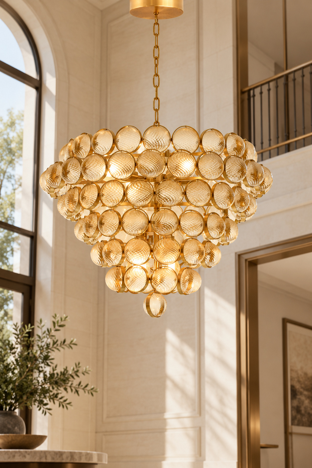 Lustre doré à médaillons en verre texturé - vue 5