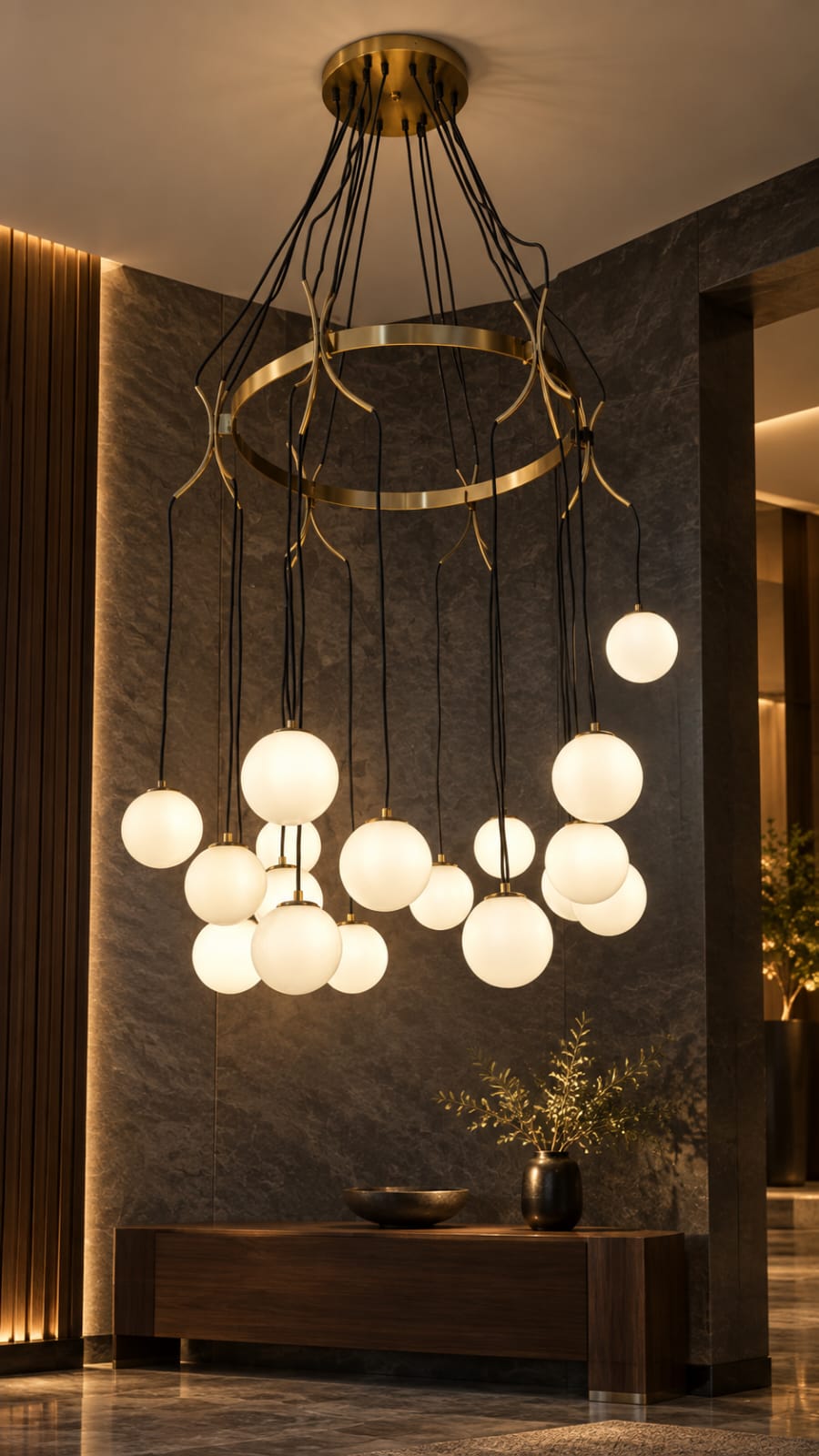 Lustre cascade à globes opalins, finition dorée - vue 2