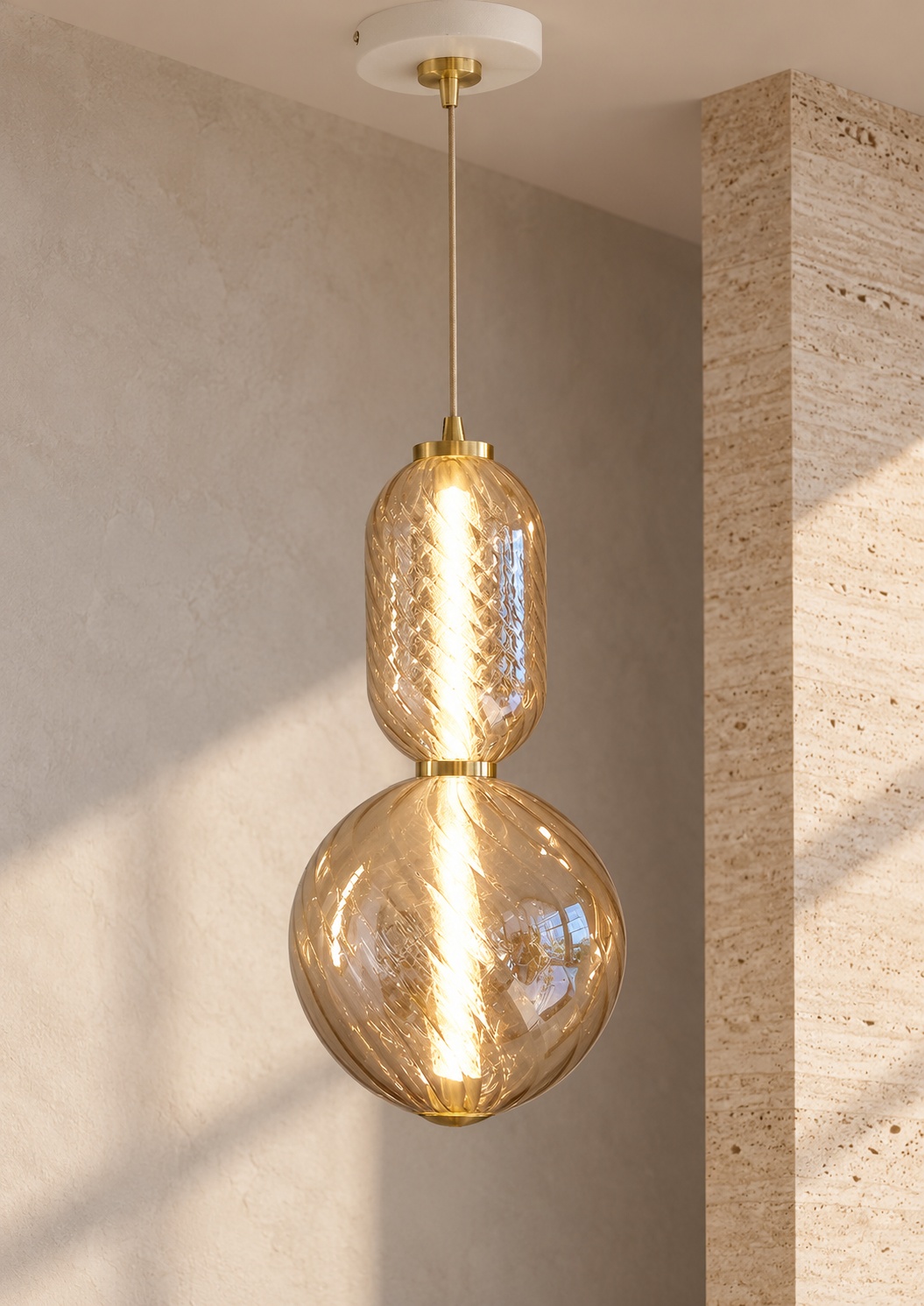 Suspension double volume en verre ambré texturé - vue 4