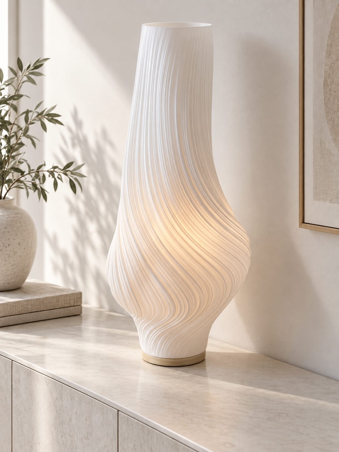 Lampe sculpturale blanche à reliefs spiralés