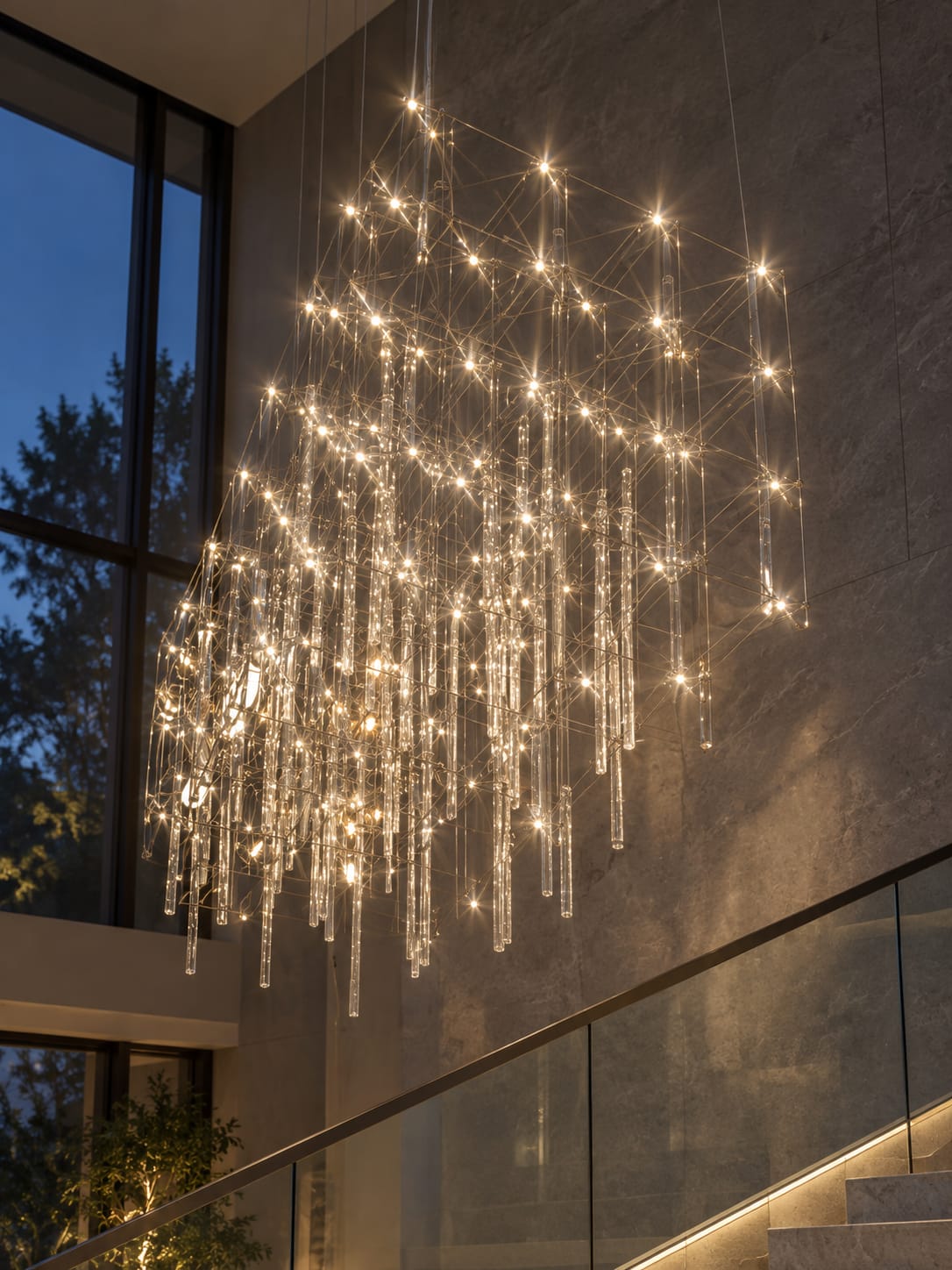 Lustre cascade à pendeloques transparentes