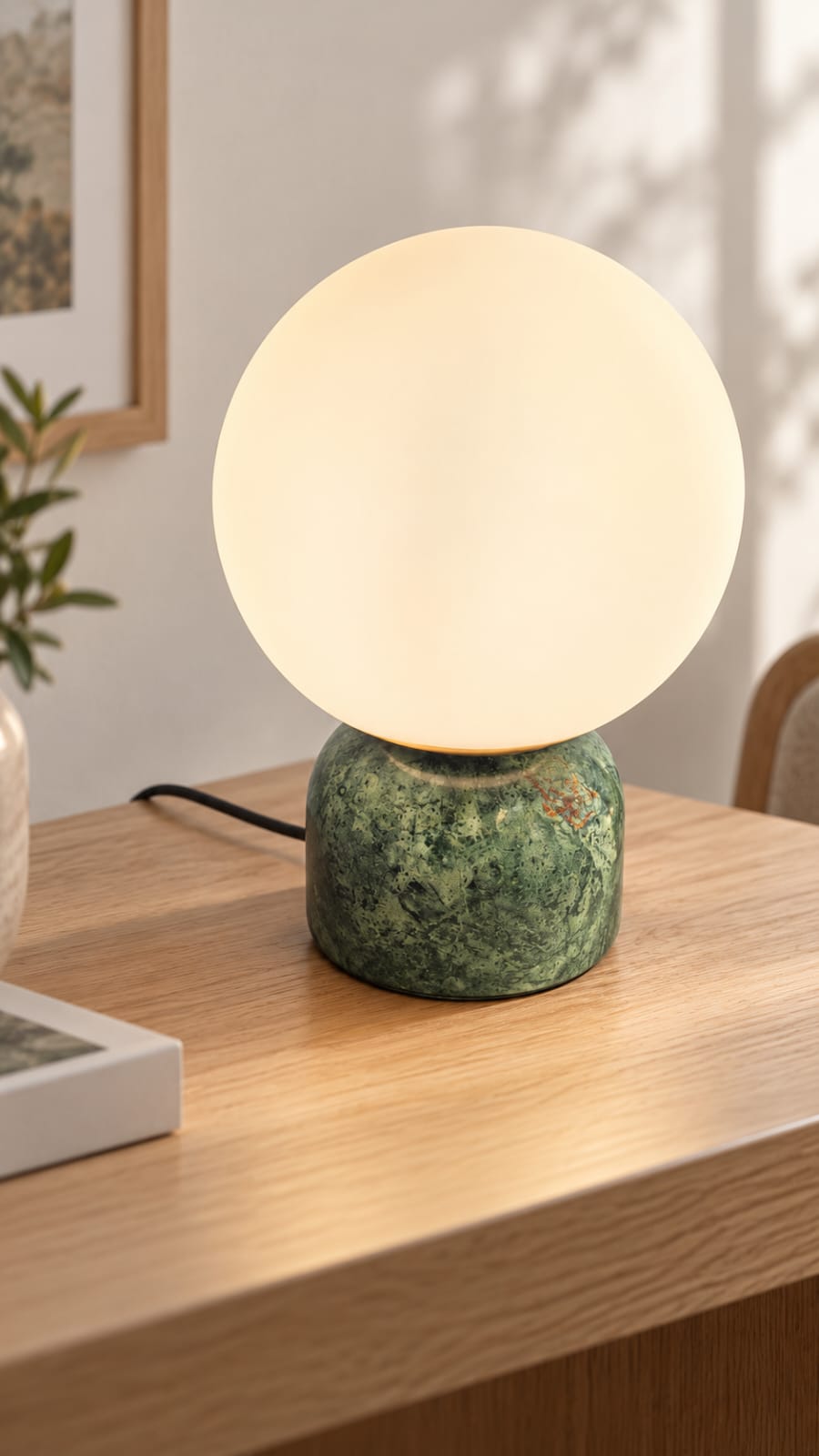 Lampe à poser globe opalin et pied vert marbré