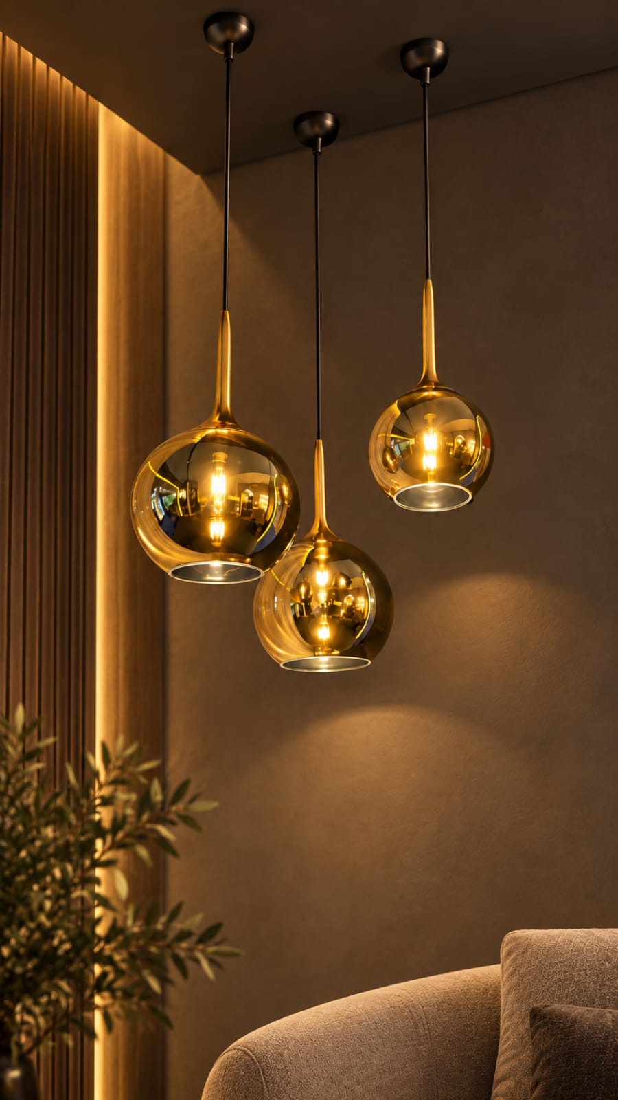 Suspensions à globes miroir dorés