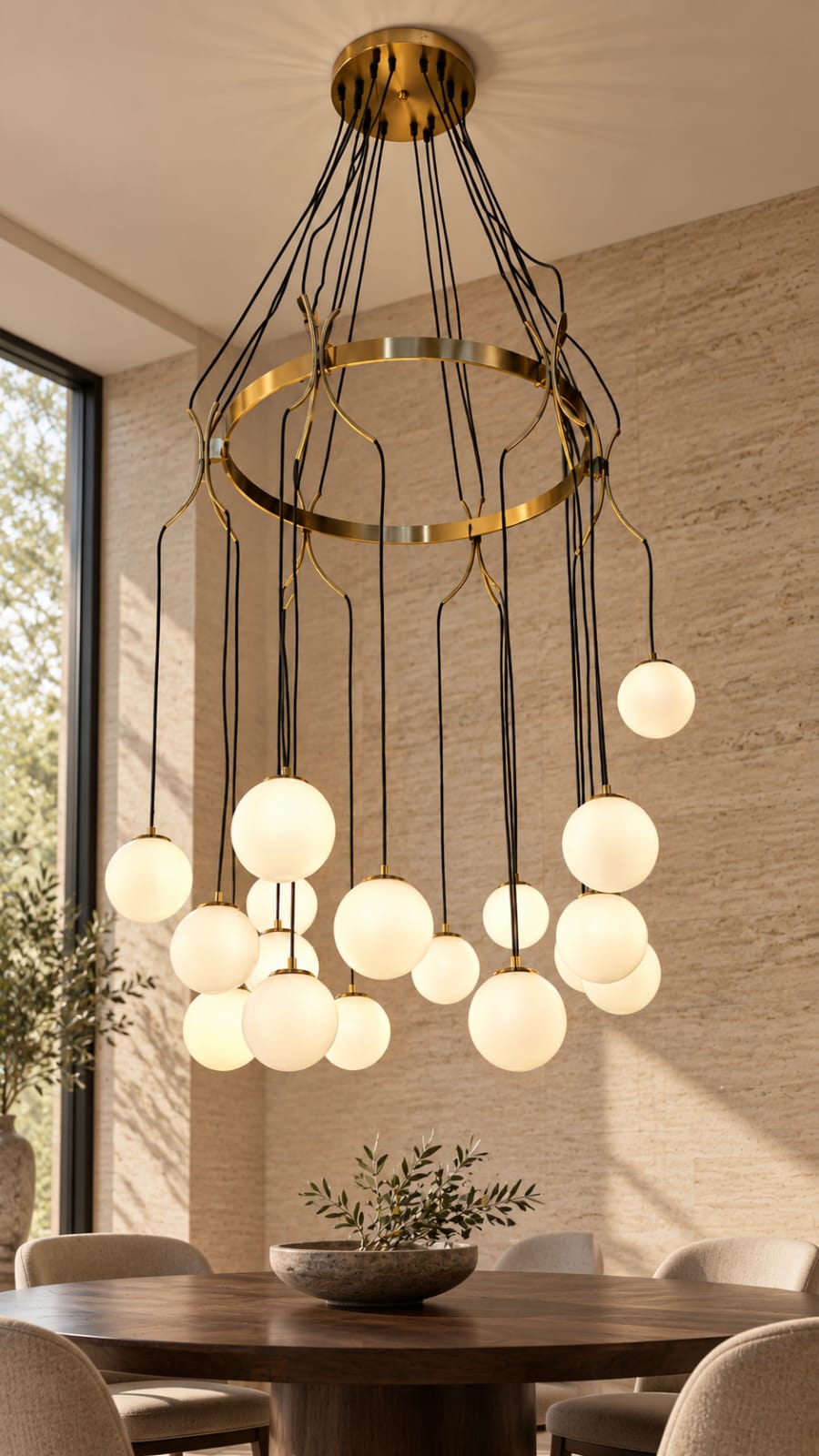 Lustre cascade à globes opalins, finition dorée