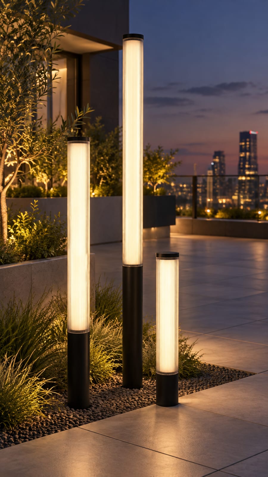 Borne lumineuse cylindrique à diffuseur strié — trois hauteurs