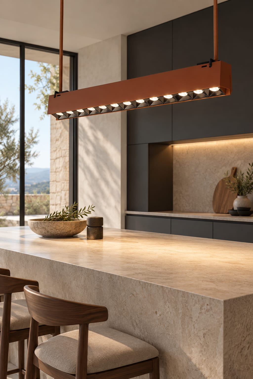 Suspension linéaire terracotta à optiques multiples