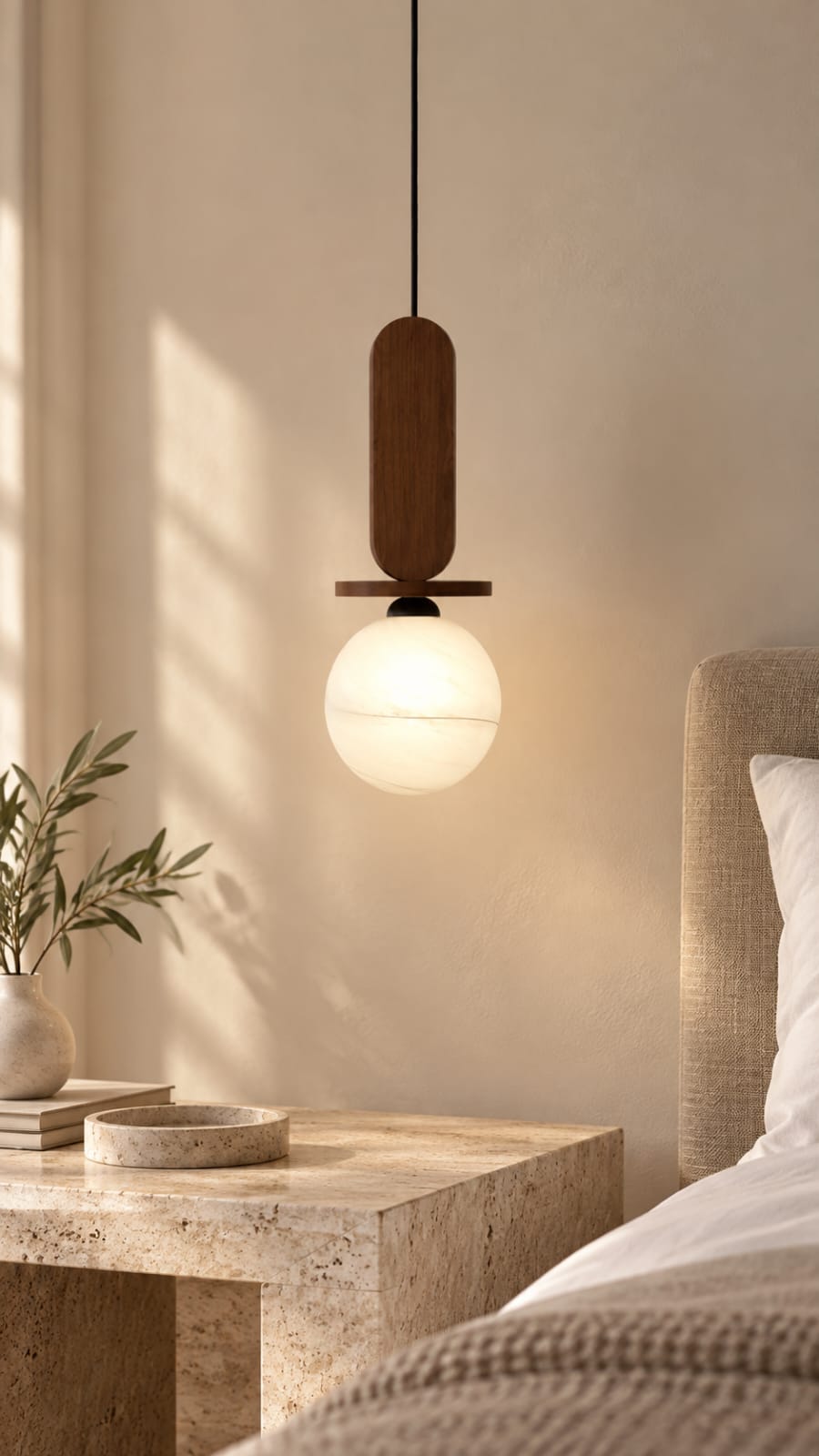 Suspension à globe opalin et élément en bois foncé