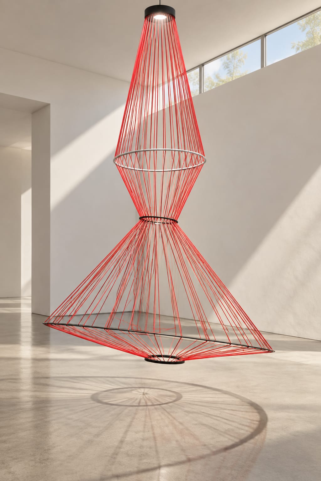 Suspension sculpturale à fils rouges