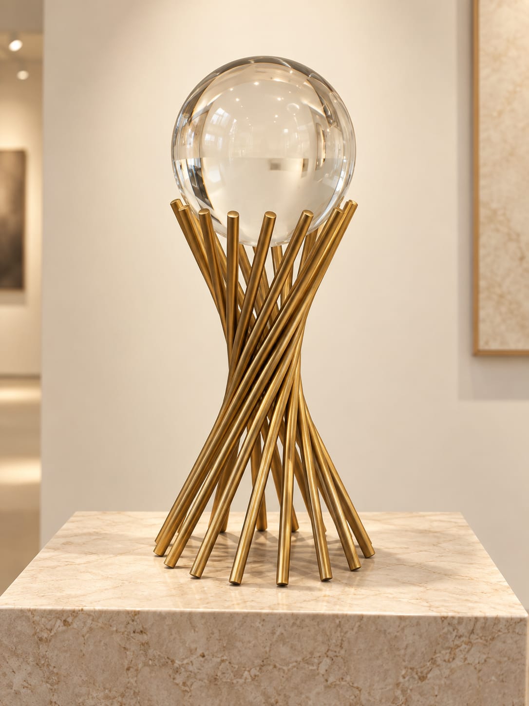 Sculpture à sphère transparente et tiges dorées