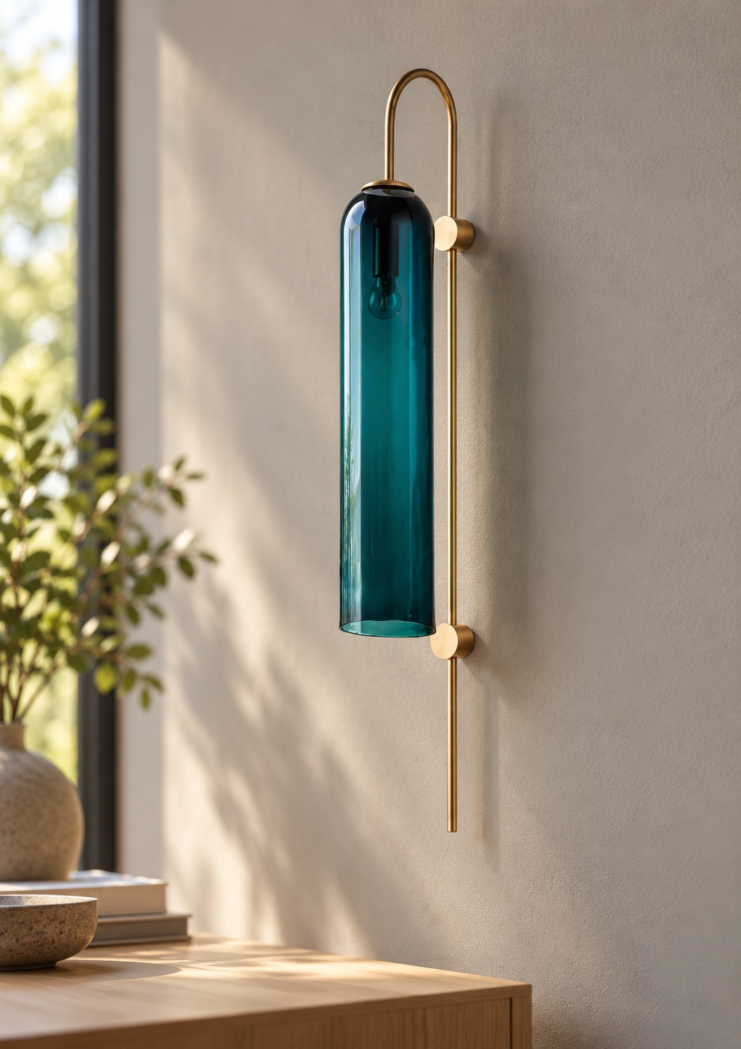 Applique murale dorée à cylindre en verre bleu-vert
