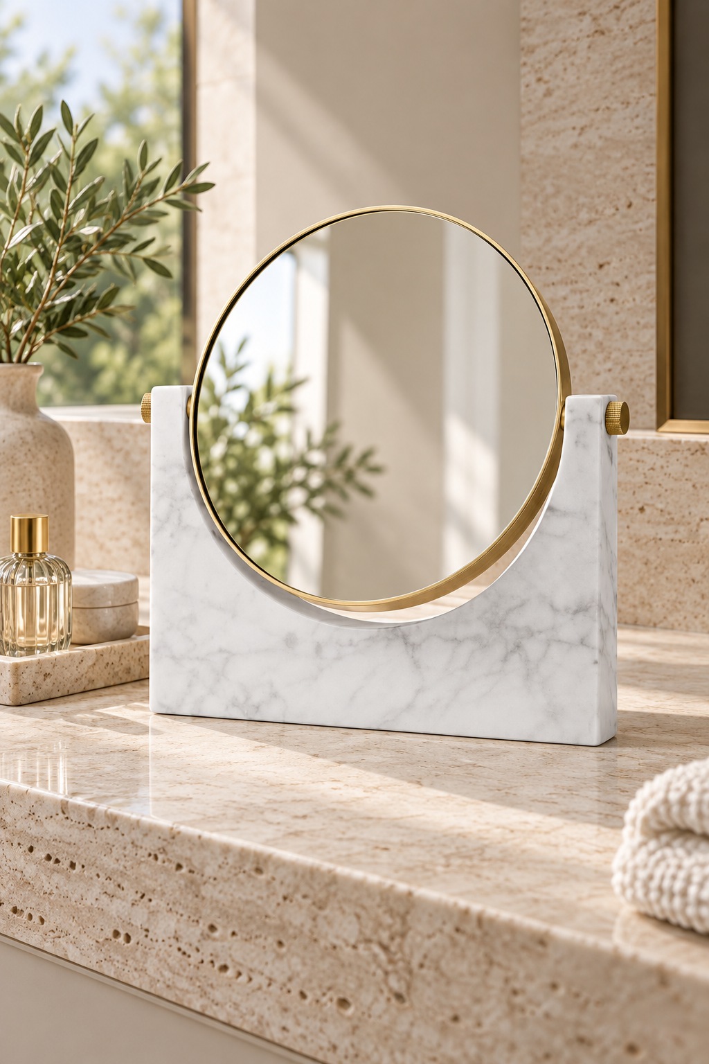 Miroir de table rond doré sur support effet marbre blanc