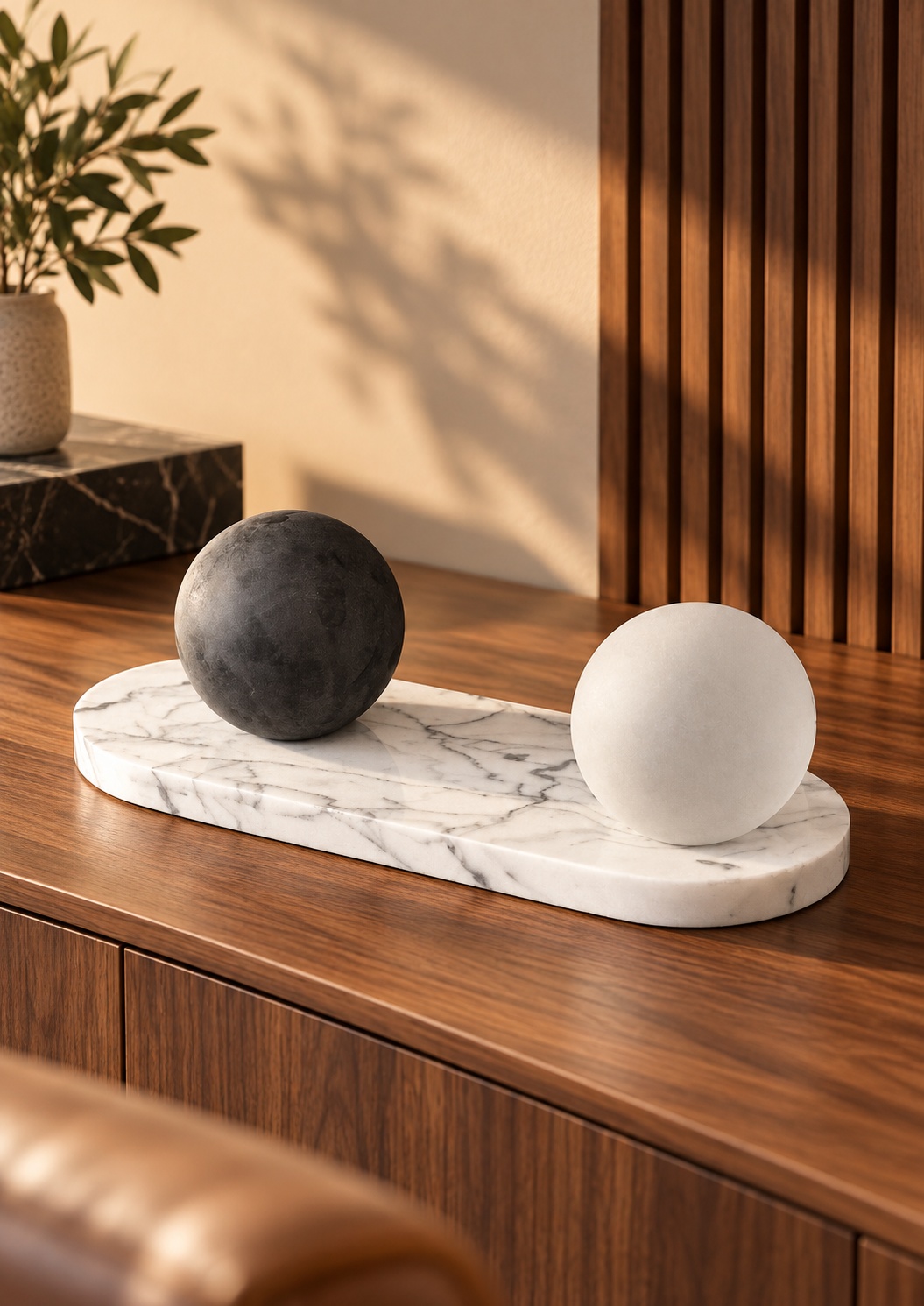 Duo de sphères décoratives sur socle effet marbre
