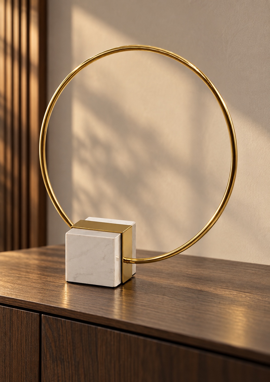 Sculpture décorative à anneau doré sur socle blanc