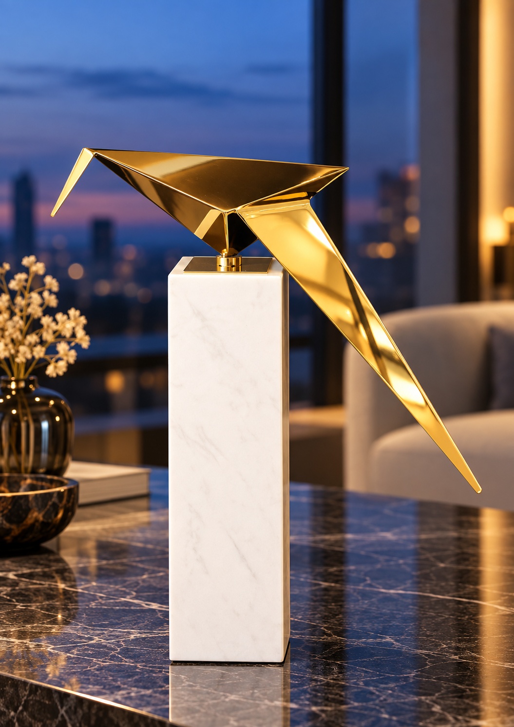 Sculpture oiseau origami doré sur socle blanc