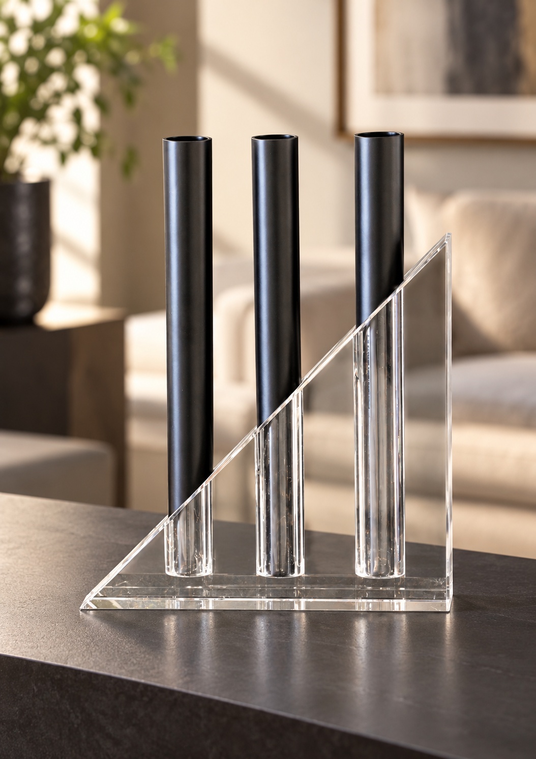 Objet décoratif à trois tubes noirs sur socle transparent