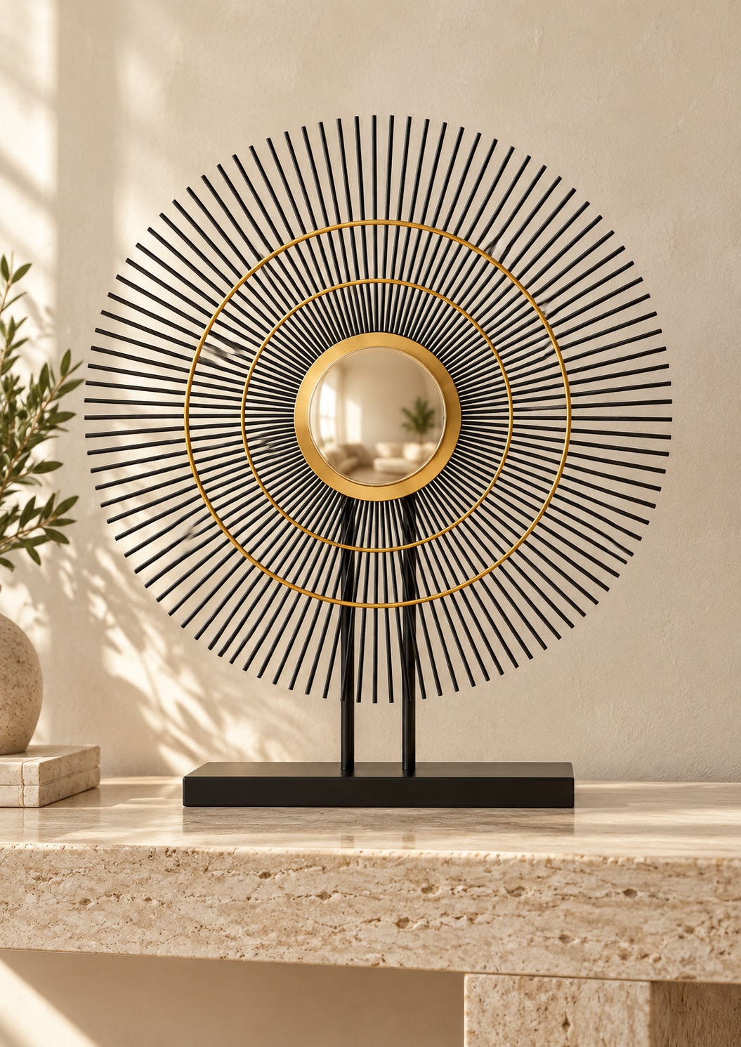 Sculpture décorative Soleil noir et doré sur socle