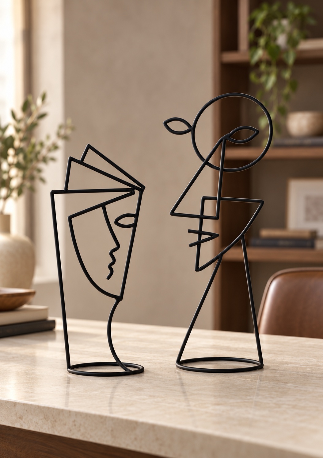 Duo de sculptures Visages abstraits en métal noir