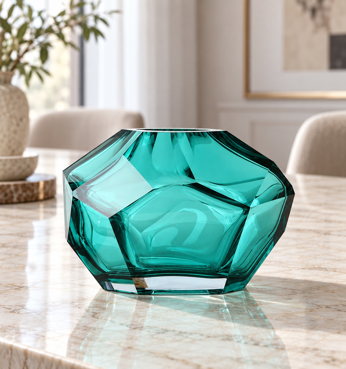 Vase bas facetté turquoise