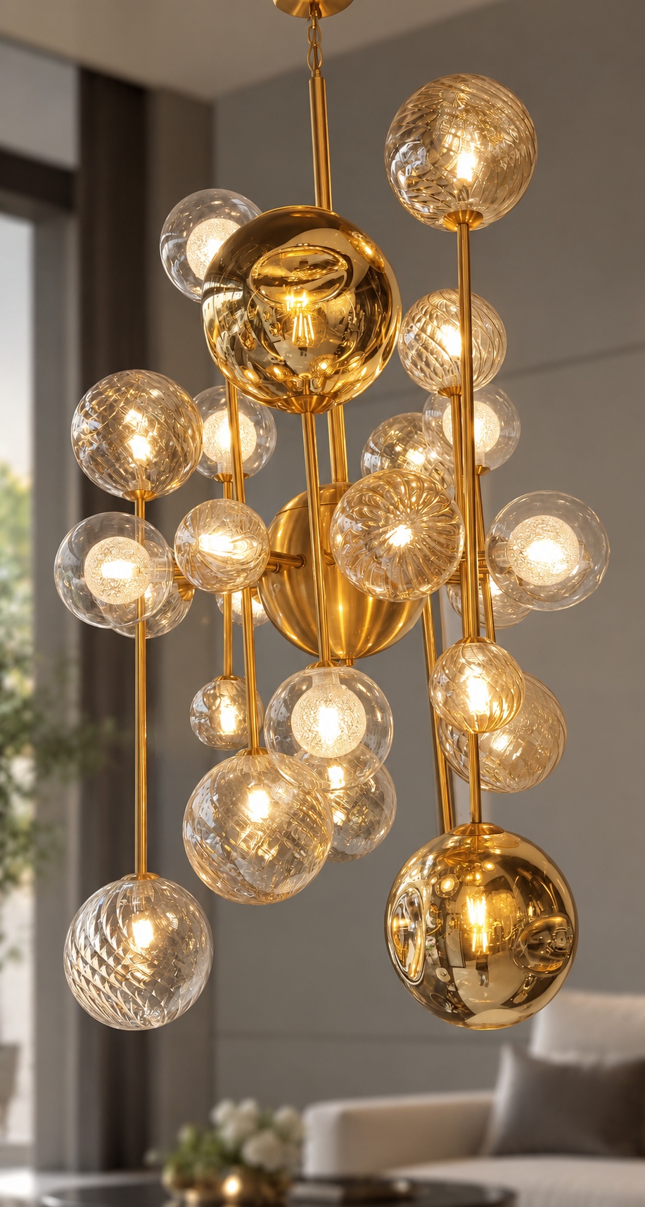 Lustre cascade doré à globes de verre