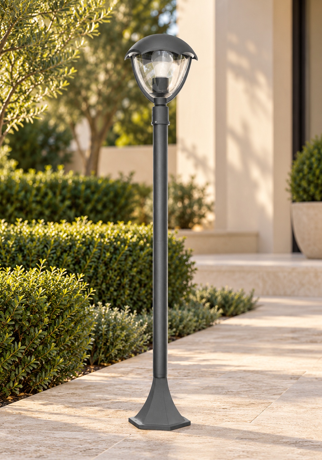 Poteau de jardin anthracite à lanterne arrondie