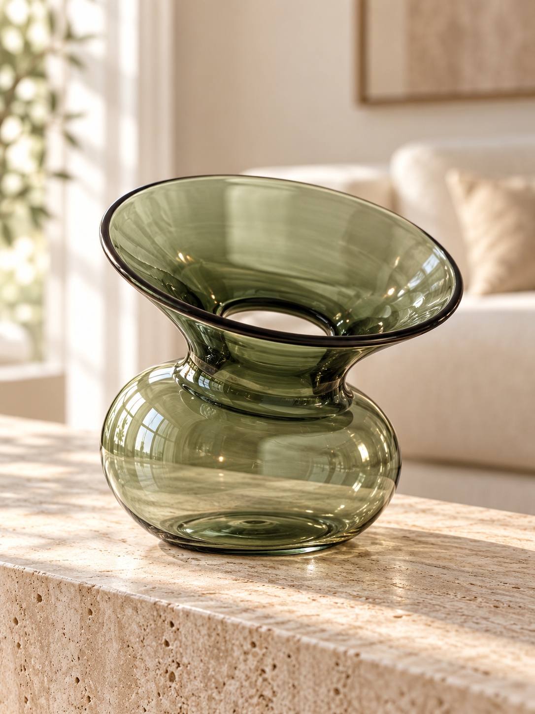 Grand vase sculptural en verre vert fumé