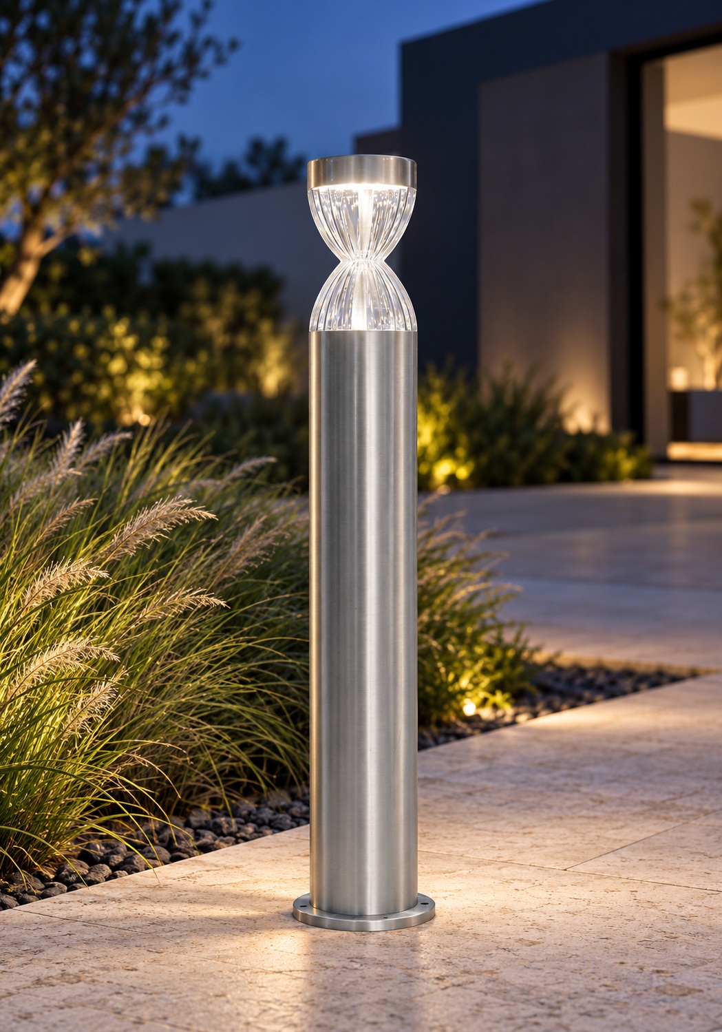Borne lumineuse argentée à diffuseur sablier