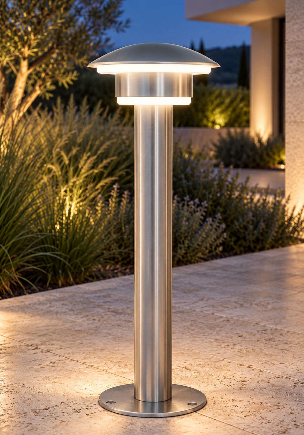 Borne de jardin argentée à double anneau lumineux