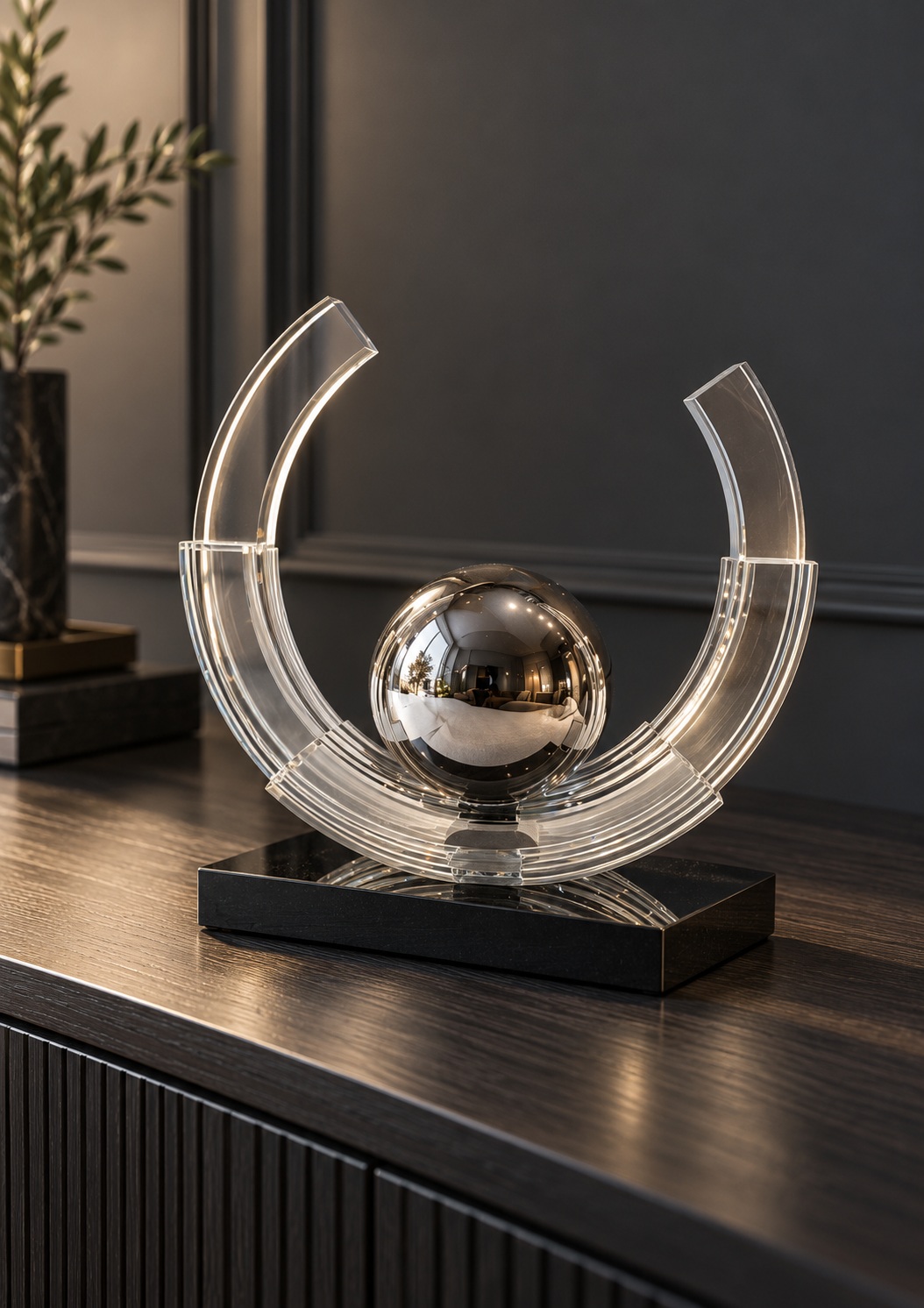 Sculpture décorative à sphère argentée et arcs transparents