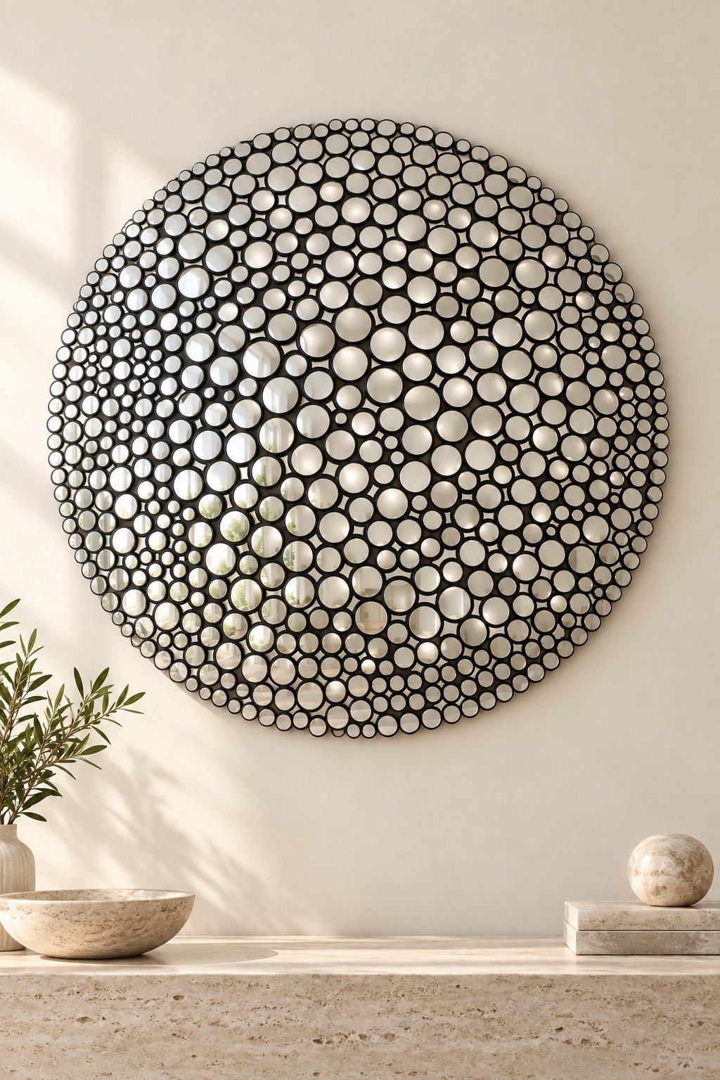 Décoration murale ronde à mosaïque argentée