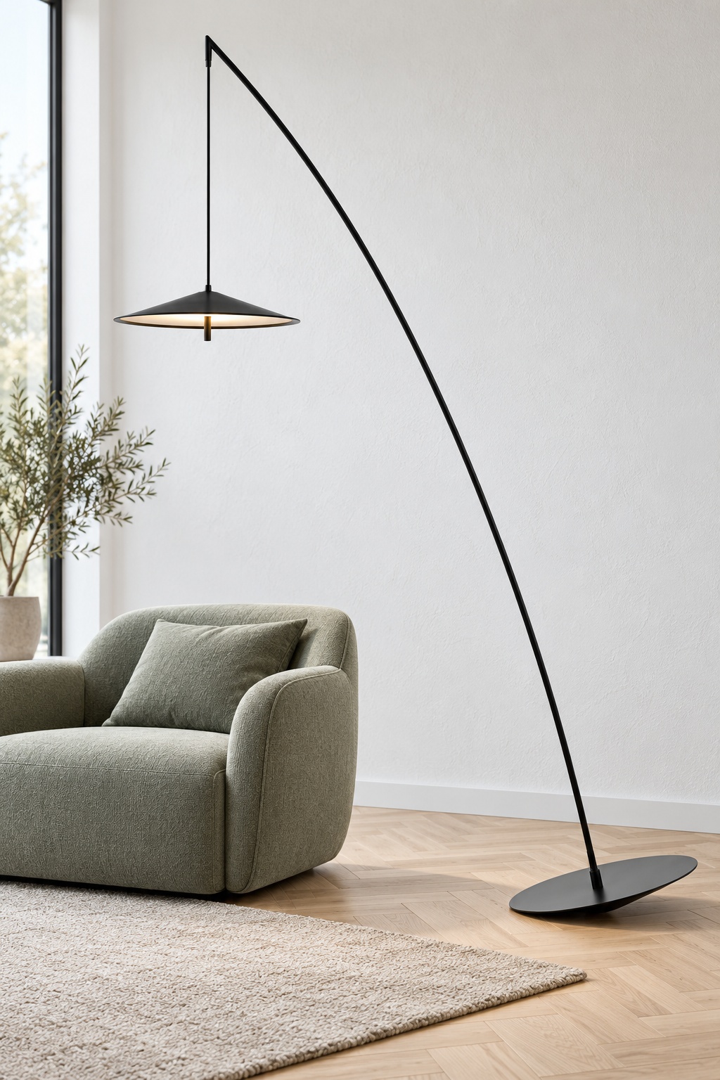 Lampadaire arqué noir à abat-jour suspendu