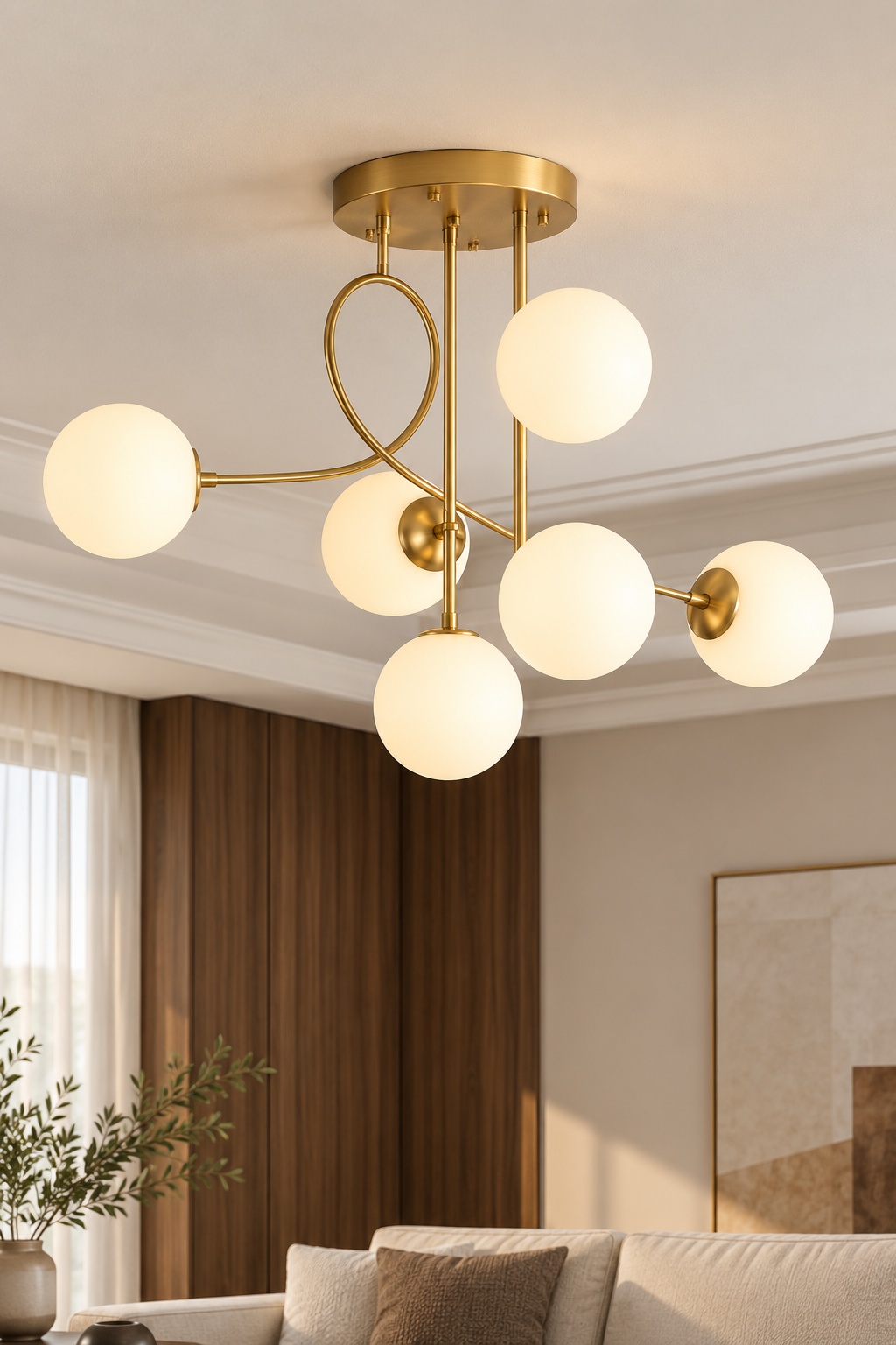 Plafonnier doré à six globes opalins