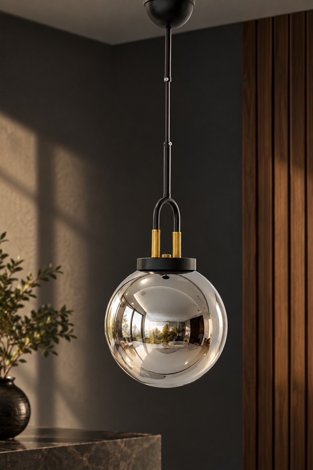 Suspension globe argenté effet miroir, noir et doré