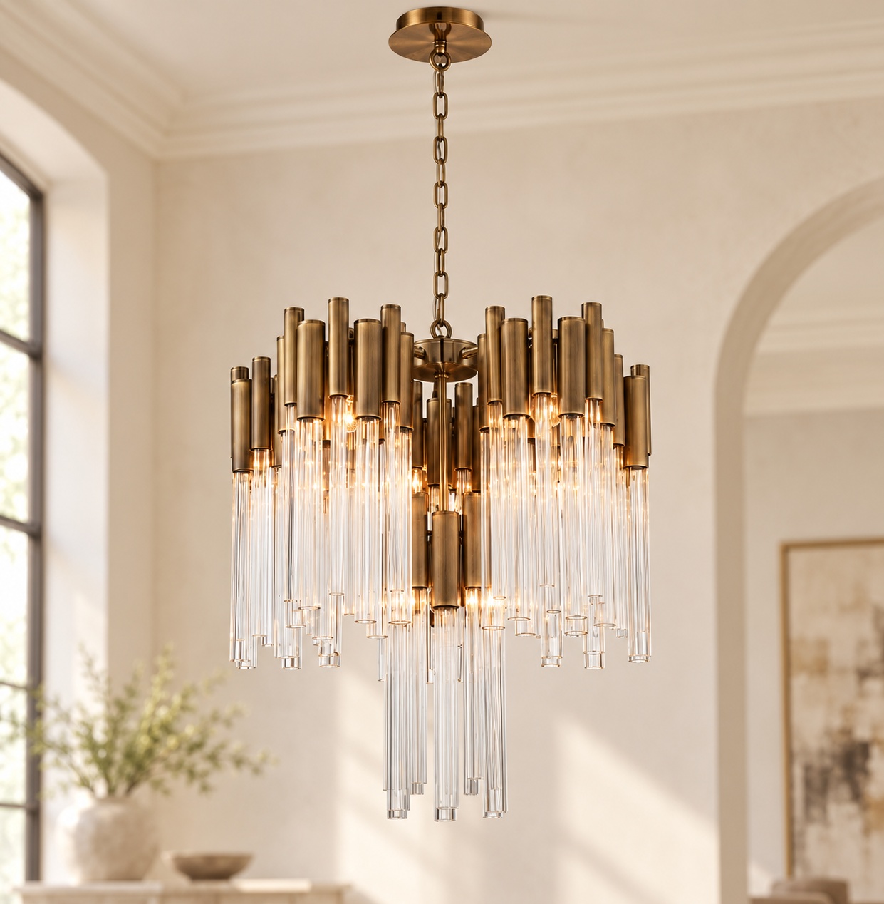 Lustre cascade en verre, finition bronze